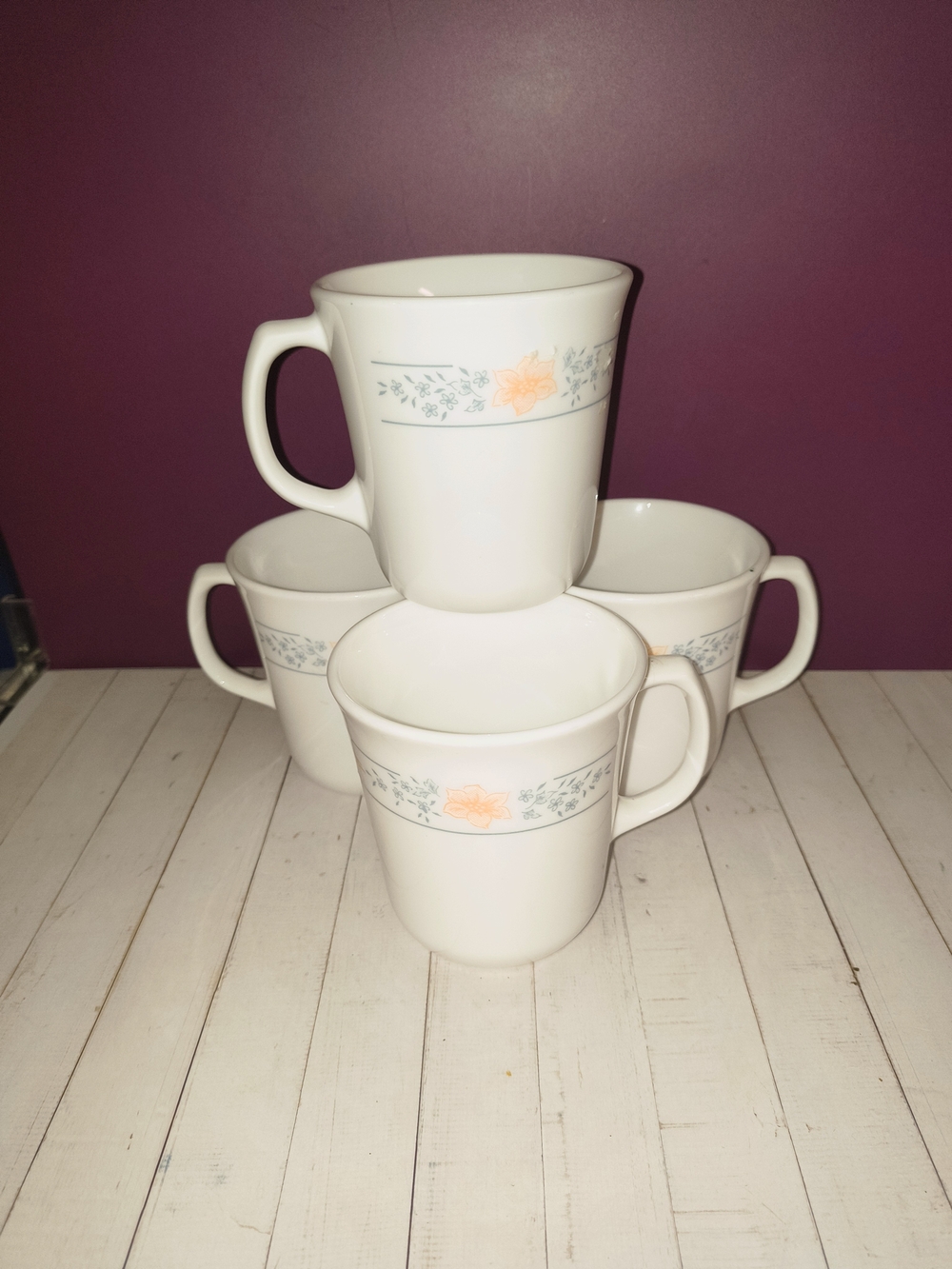 Corelle White Mugs with Peach Floral and Pale Blue Trim - Set of 4